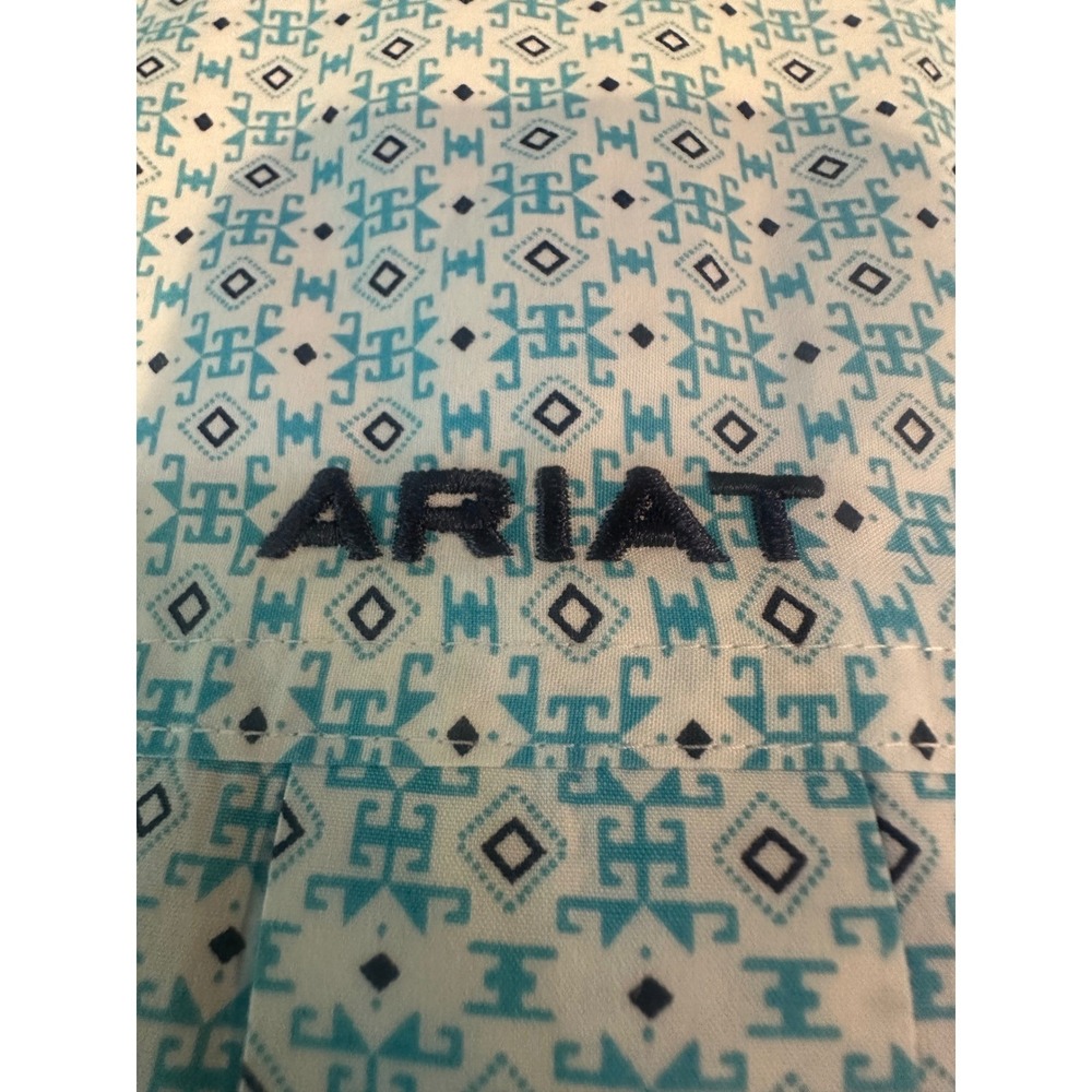 Ariat Mens XXL Tall Short Sleeve Button Down Shirt Teal Geometric Western Print